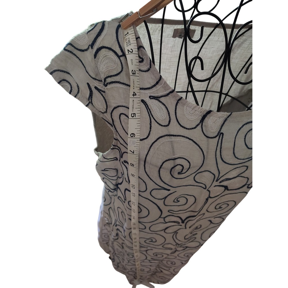 Made in Italy Linen Embroidered Swirl Shift Dress with Pockets Navy Beige L - Picture 7 of 10